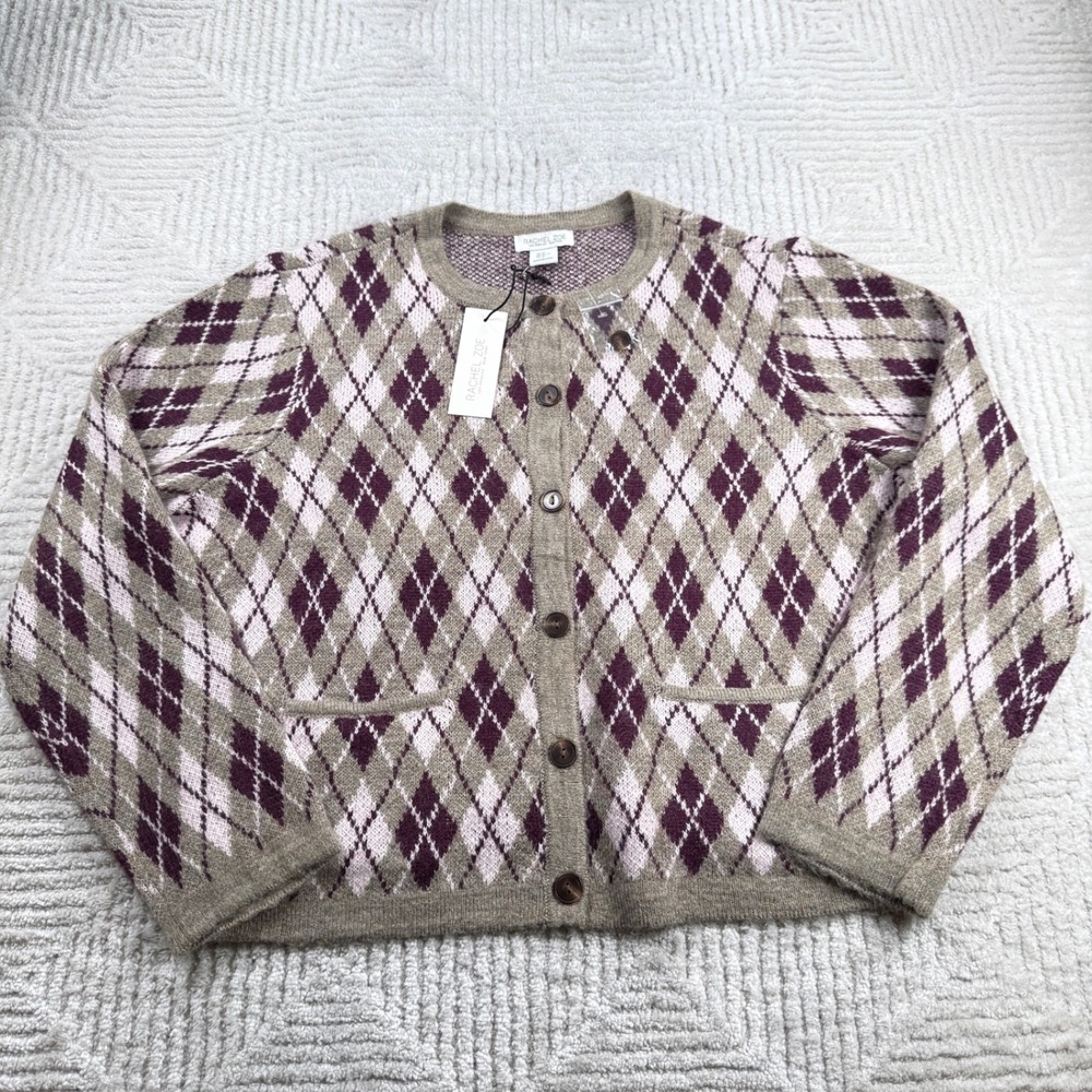 Rachel Zoe Argyle Cardigan Women's XL Preppy Sweater Academia Librarian Mod Chic